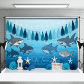 Aperturee - Aperturee Gradient Blue Baby Shark Ocean Cake Smash Backdrop